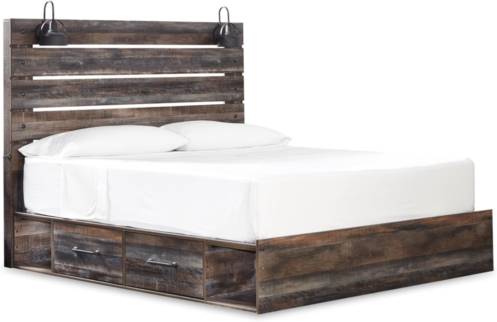 Signature Design by Ashley Drystan Rustic King Panel Platform Bed with 4 Storage Drawers, Open Cubbies, Sconce LED Lights and USB Ports, Foundation or Box Spring Not Needed, Dark Brown & Gray