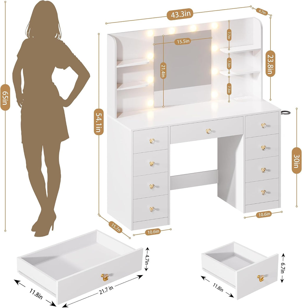 White Vanity Desk With Mirror and LED Lights, 3 Colors Adjustable, Large Makeup Vanity Desk with Power Strip and Hairdryer Holder, 9 Drawers & 6 Shelves Modern Dressing Table for Women, Bedroom