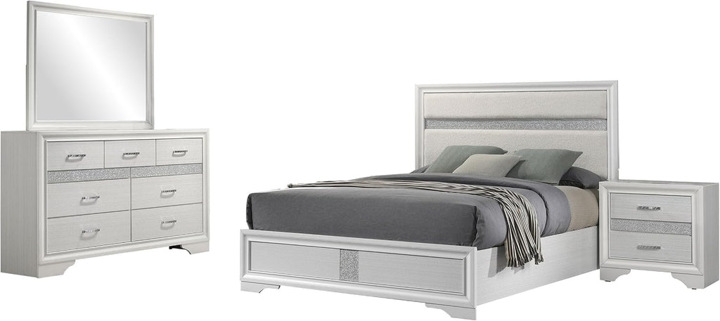 Coaster Home Furnishings Miranda Contemporary 4-Piece Bedroom Set Fabric Upholstered California King Size Panel Bed Frame 54-inch Headboard White 205110KW-S4