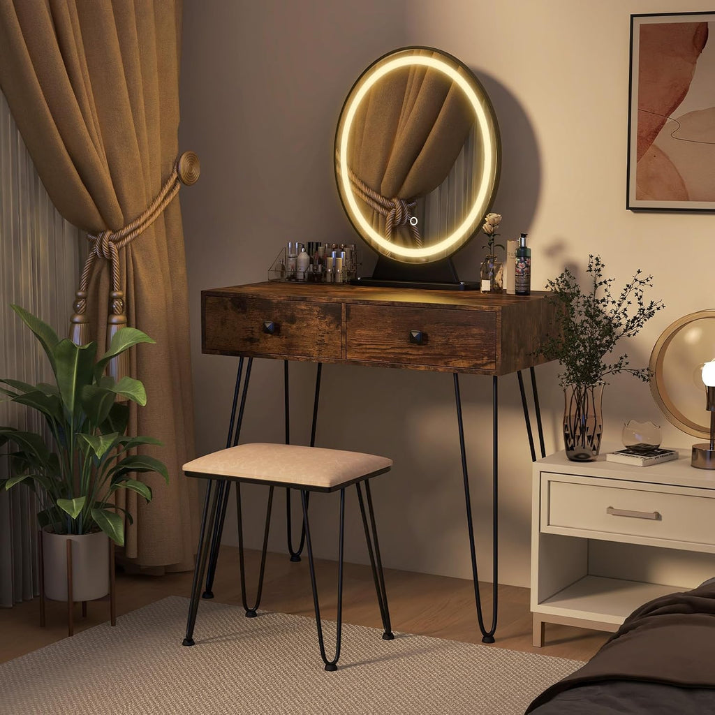COSTWAY Vanity Desk with Mirror and Lights, Makeup Dressing Table Set w/ 3 Color Lighting Modes & Adjustable Brightness, Vanity Mirror with Desk and Stool for Bedroom Small Spaces (Rustic Brown)