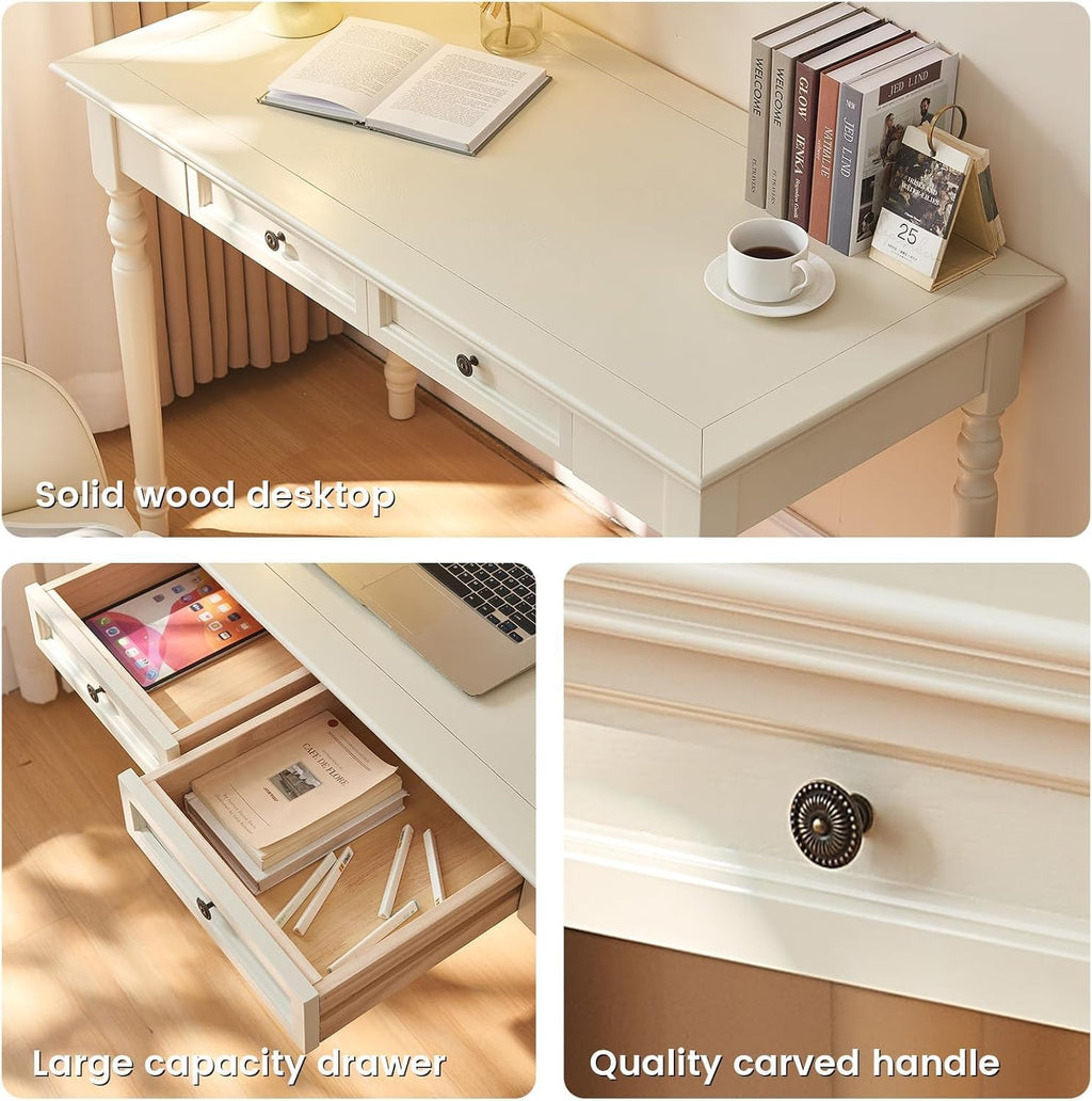 French Country Style Writing Desk, Writing Table with Double Drawer Storage, 47'' Long Solid Wood Farmhouse Computer Table, 30' High Vanity Dressing Desk, Rounded Table Corners,for Office or Workspace
