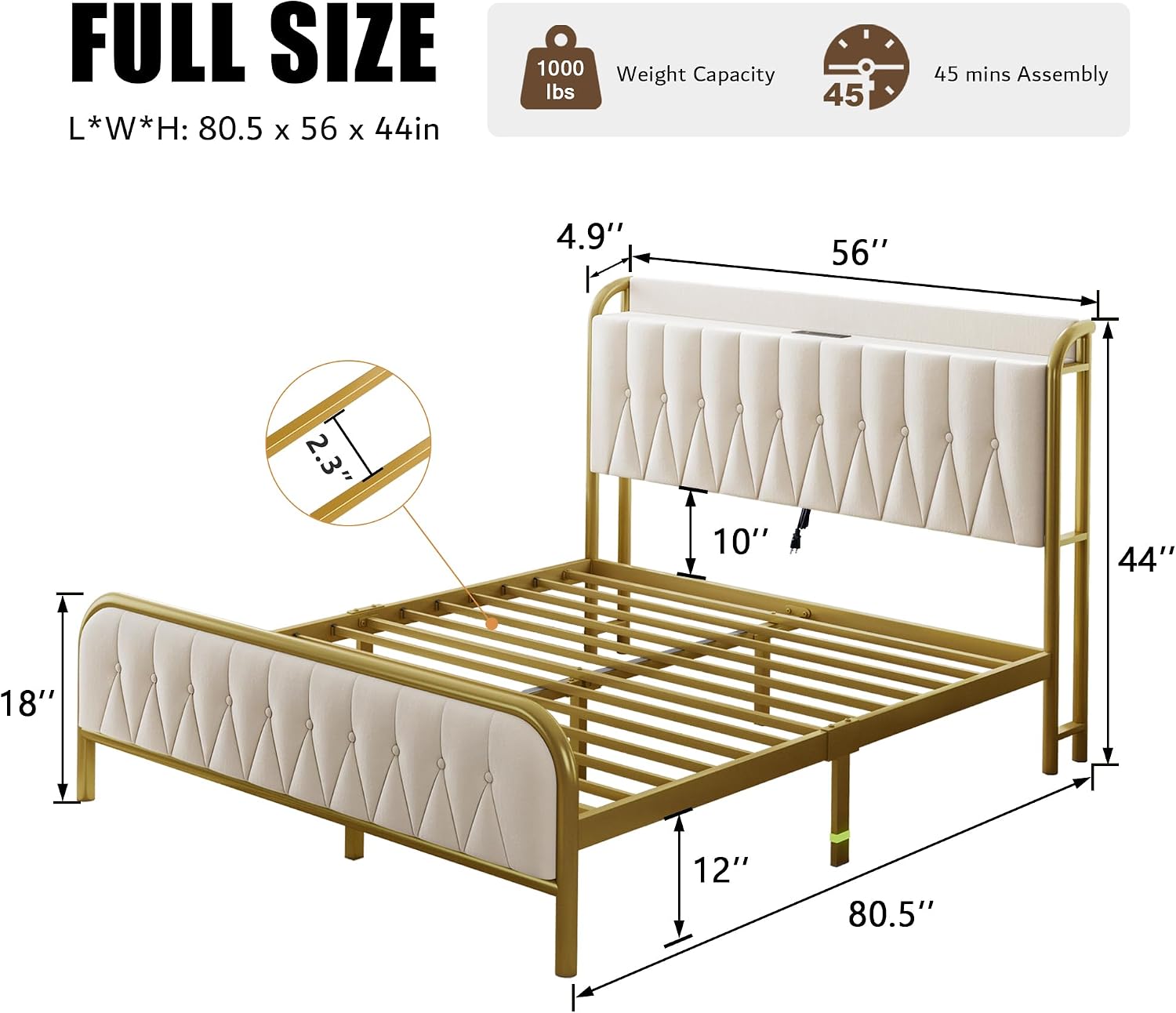 iPormis Full Size Metal Bed Frame with Charging Station, Velvet Upholstered Headboard and Footboard, Heavy Duty Steel Support, 12' Under Bed Storage, No Box Spring Needed, Easy Assembly, Beige