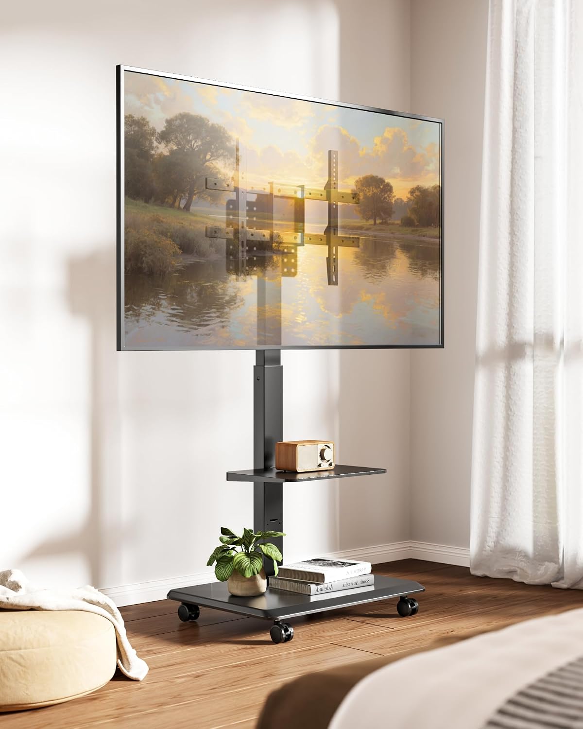 Steel Base Rolling TV Stand for 37-86 Inch TVs up to 110 lbs, Rotating & Tilt & Swivel Mobile TV Stand with Pegboard Storage Panel, Height Adjustable Portable TV Cart with Steel Shelf, Black