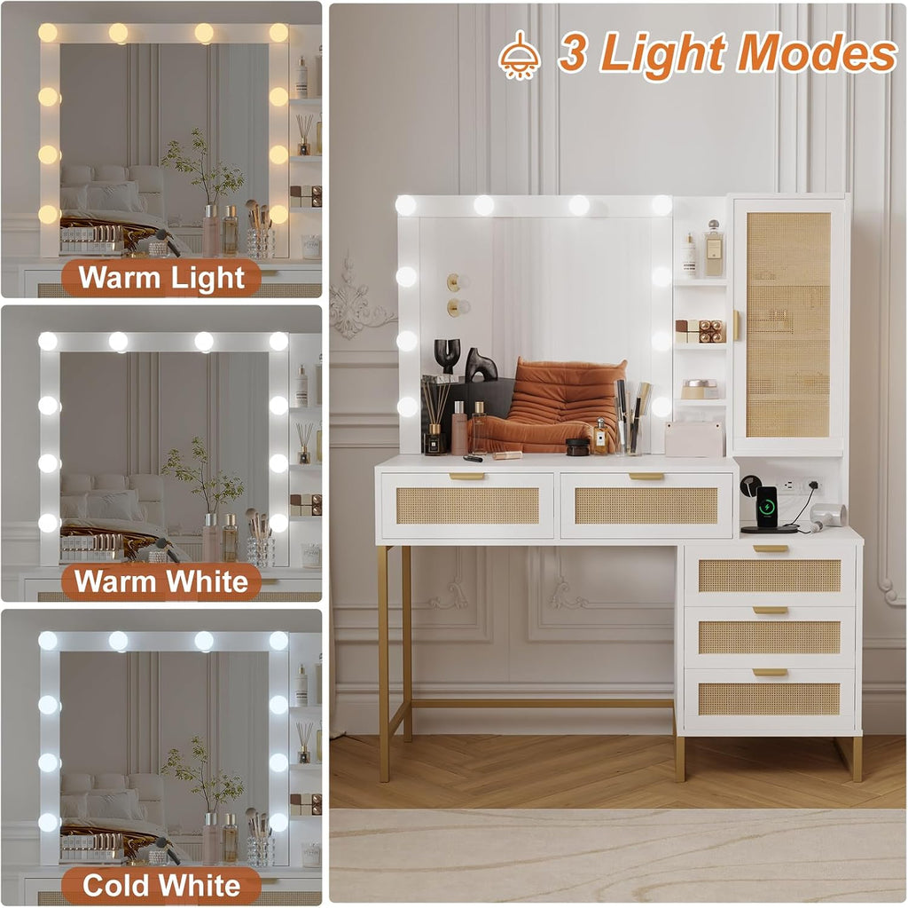 Modern Vanity Makeup Desk with Vanity Mirror, Built-in Lights, 5 Drawers, Power Outlet, Makeup Desk for Bedroom, White & Gold, Rattan