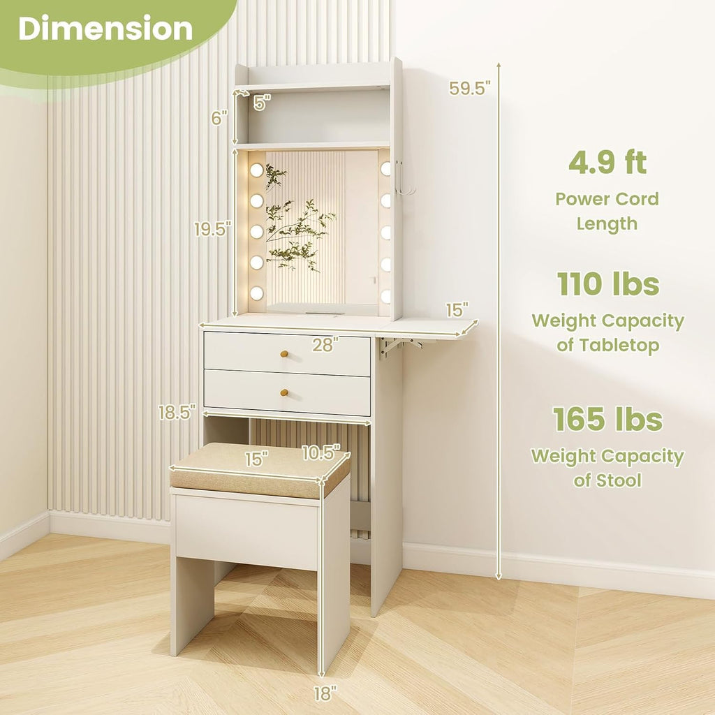 CHARMAID Small Vanity Desk with Mirror and Lights, White Makeup Vanity Table with Storage Bench, Drawers, Shelves, Foldable Side Table, Charging Station, Compact Vanity for Small Bedroom Narrow Space