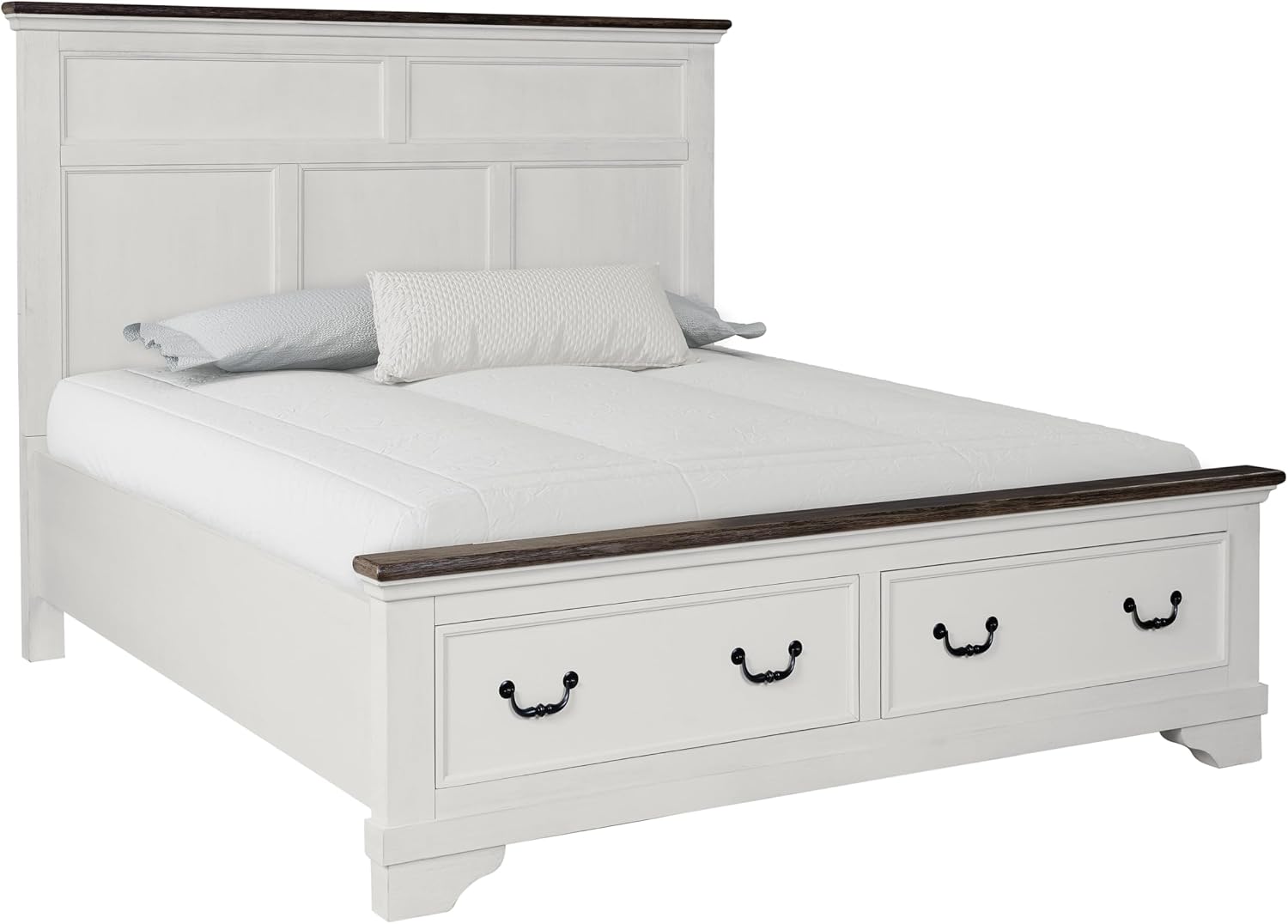 Furniture of America Roden Modern Solid Wood 3-Piece Bedroom Set with Storage Footboard, USB Chargers on Nightstand, Drop Handle Pulls, No Box Spring Needed, King, White