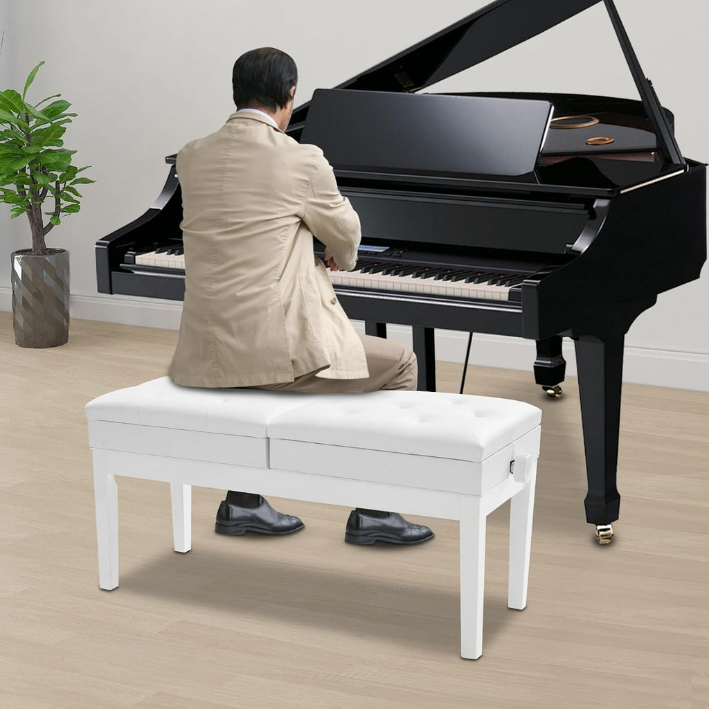 AngelcityCC Longer Duet Piano Bench with Storage, Adjustable Height Double Keyboard Piano Bench Seat with PU Leather Cushion