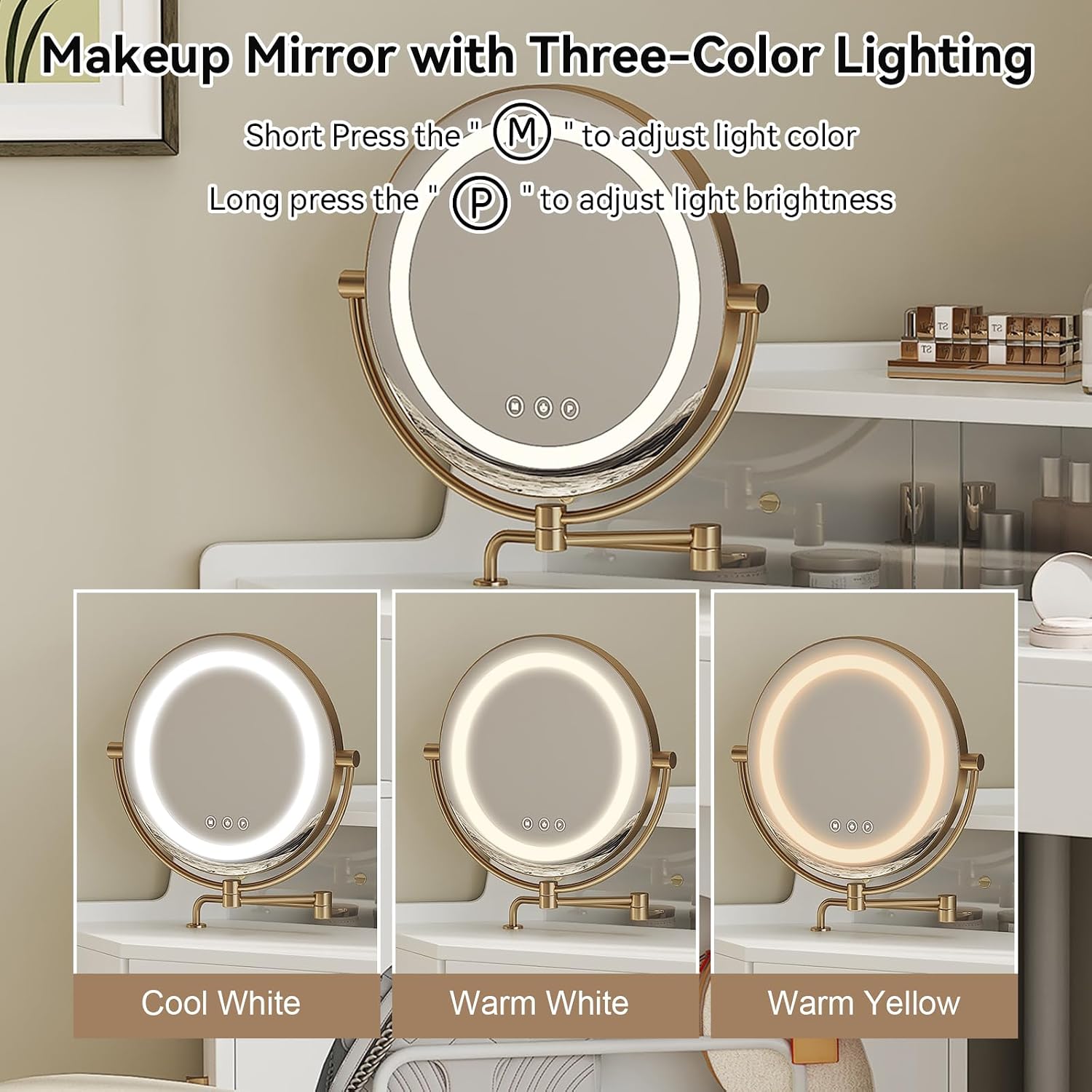 Corner Makeup Vanity Desk w/ 3-Color LED Lights & Tri-Folding Mirror - Modern Vanity Set with Stool, 360° Rotatable HD Mirror, Large Storage for Small Spaces Special Occasions (White)