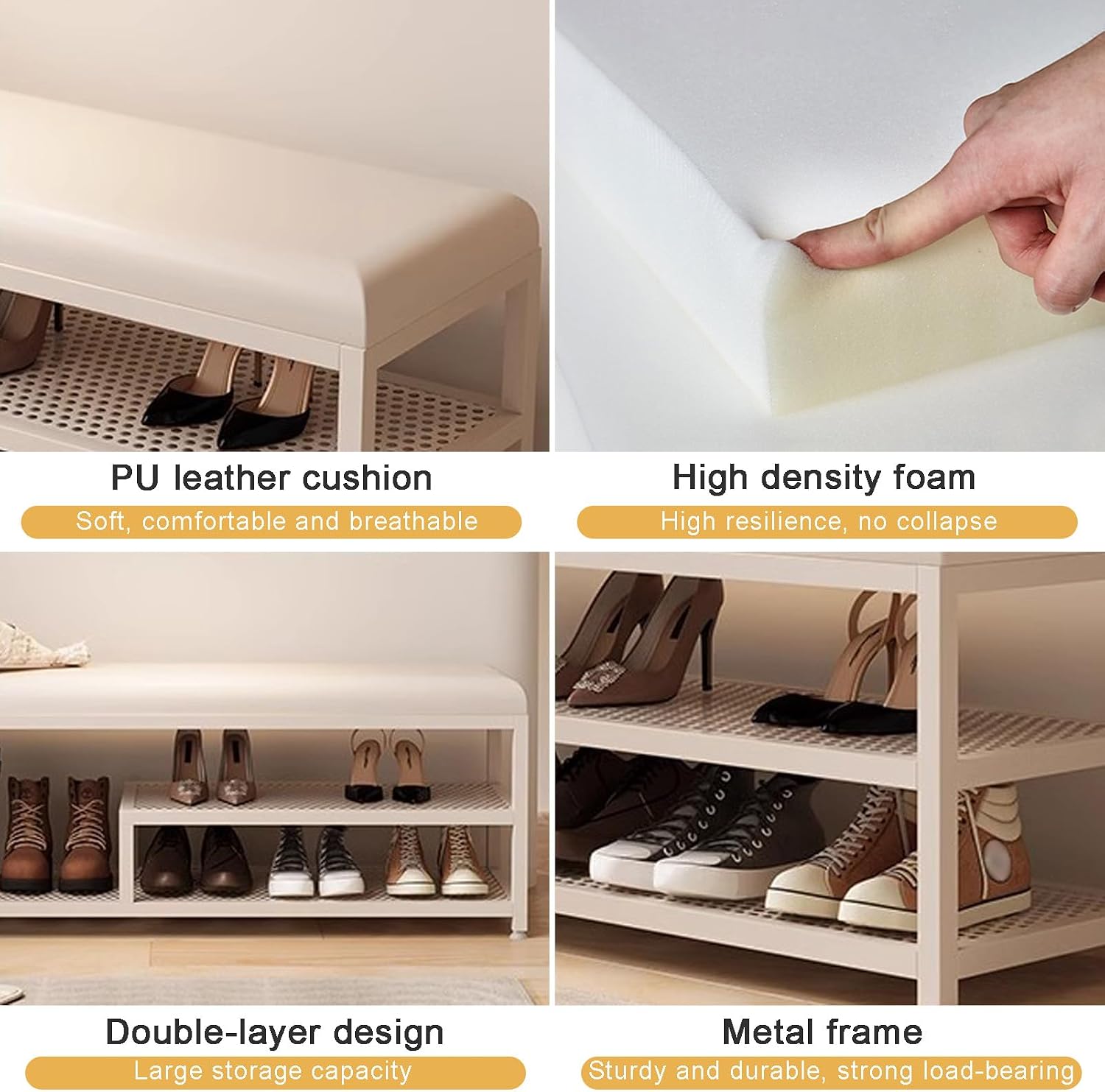 Entryway Bench with Storage, White PU Leather Seat and Metal Frame, Perfect for Hallway, Bedroom, Corner, Window Seat, Stylish Shoe Rack nizer