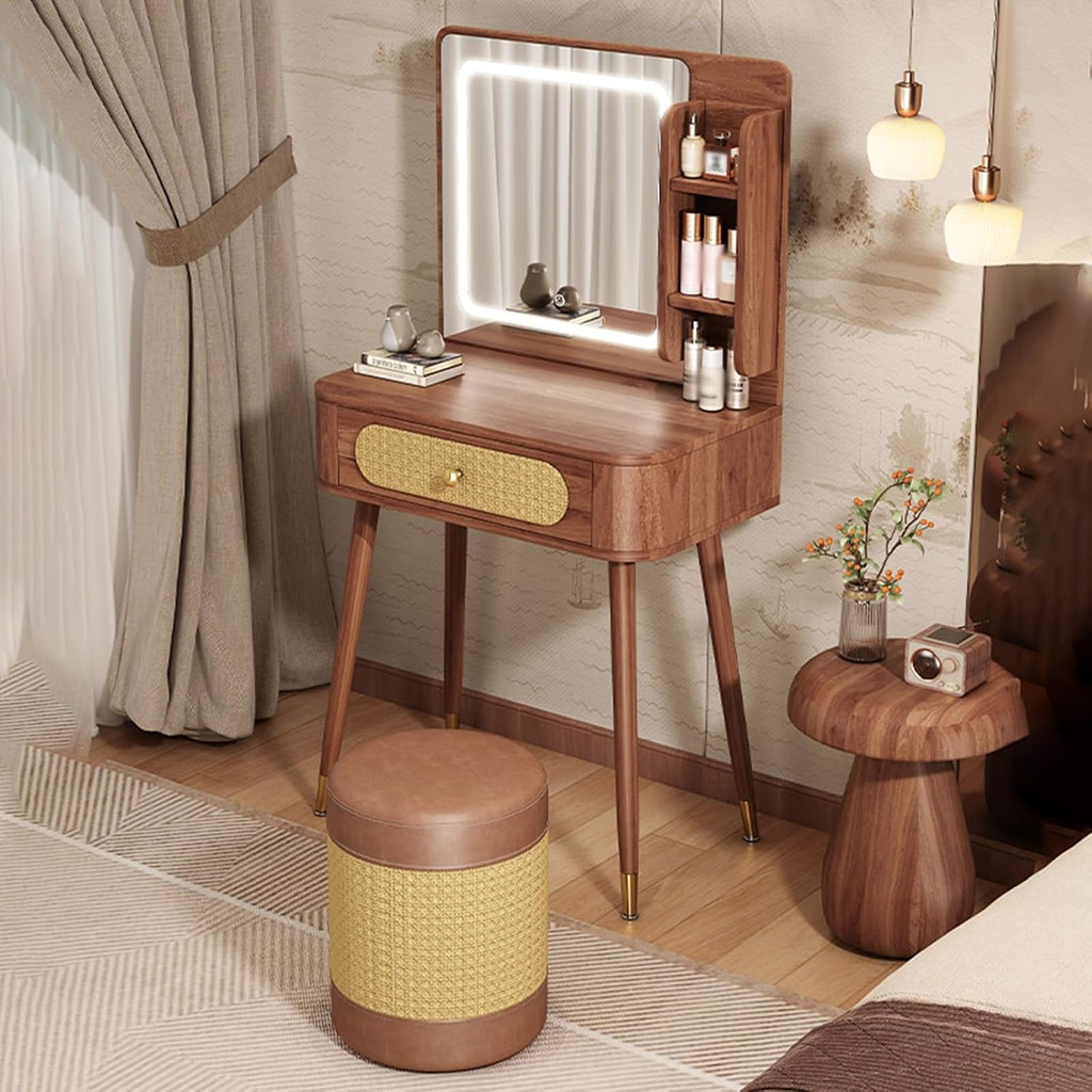 Vanity Mirror with Lights,small Make Up Vanity Desk Medieval Style,with 3 Color Touch Screen Dimming Mirror,with 1 Drawers,Large Vanity Tabel Set,Storage Bench Bedroom Small Space(60cm/23.6in)