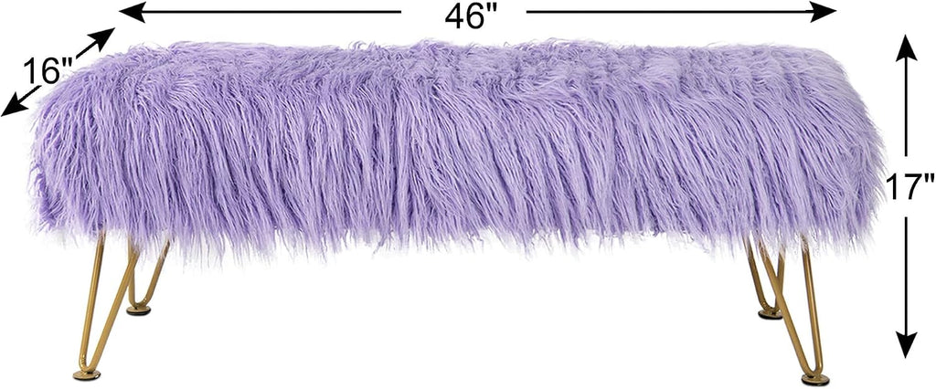 Purple Soft Plush Faux Fur Ottoman Entryway Bench Furry Footrest Stool 46'x16'x17' Sturdy Accent Long Bench for Bedroom End of Bed Vanity Closet Fuzzy Coffee Table for Living Room Gold Legs