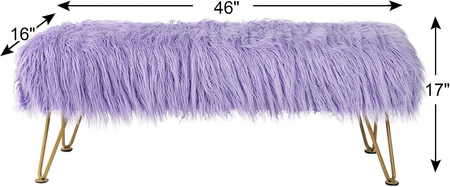 Purple Soft Plush Faux Fur Ottoman Entryway Bench Furry Footrest Stool 46'x16'x17' Sturdy Accent Long Bench for Bedroom End of Bed Vanity Closet Fuzzy Coffee Table for Living Room Gold Legs