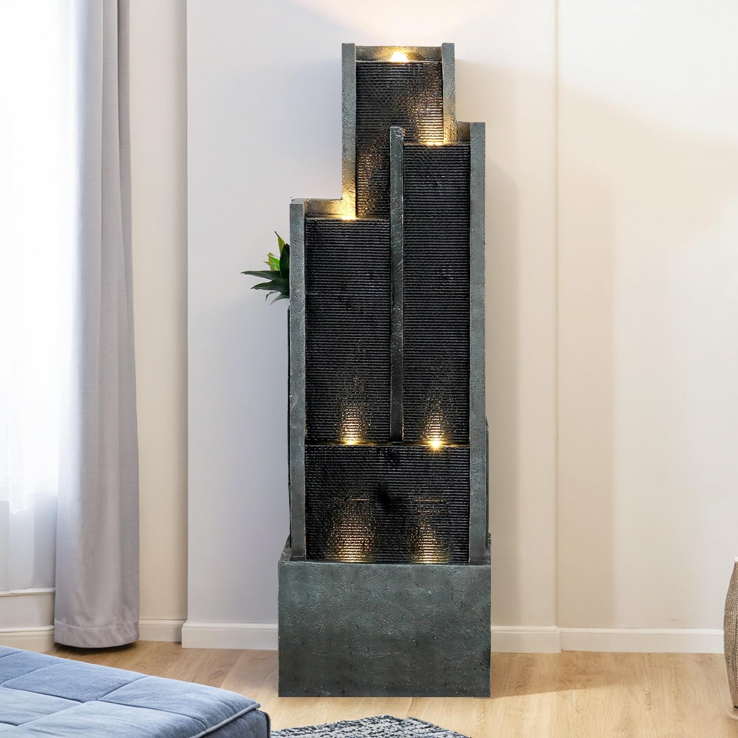 SunJet 5-Tier Modern Water Fountain, Indoor/Outdoor Resin Water Fountains with Soothing Water Sounds & Warm LED Light, Perfect for Garden, Patio, Home & Office, 16.9' L x 9.8' W x 50.7' H