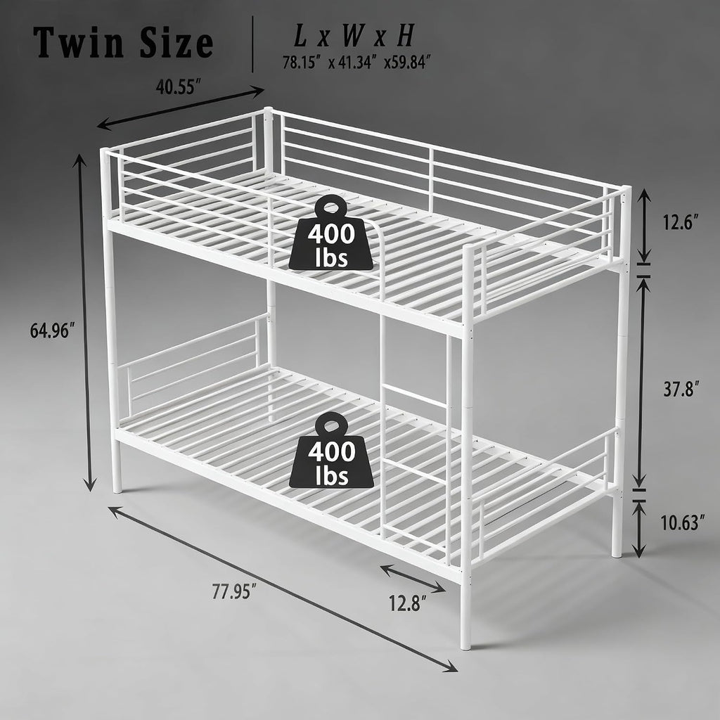Bellemave Twin Over Twin Bunk Beds, Metal Bunk Bed Frame with Ladder and Full-Length Guardrail for Kids, Adults, Can be Split, White