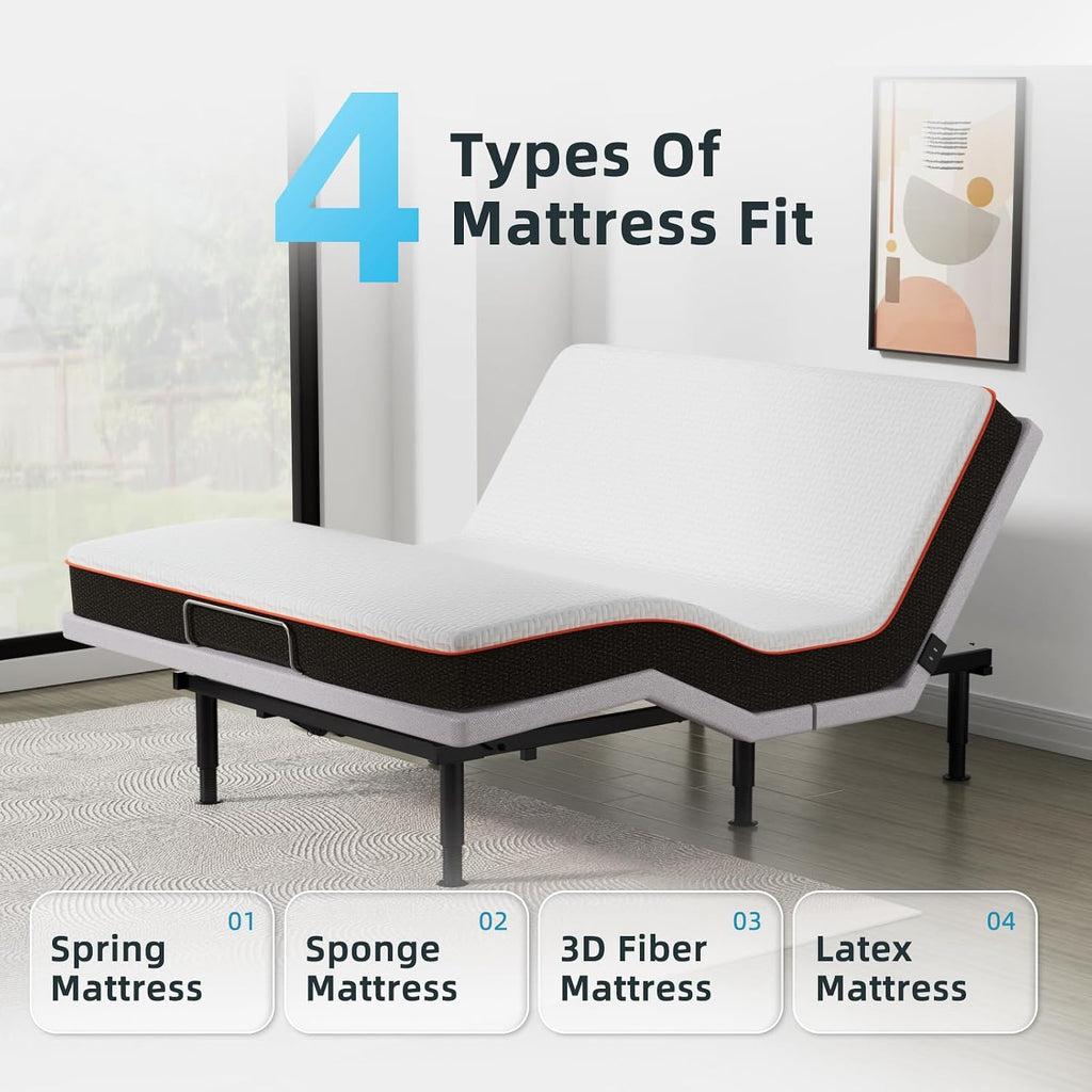 Full Adjustable Bed Base Frame, Wireless Remote & Lift Motor, Dual USB Ports,Ergonomic Upholstered Bed Frame, Under Bed Lighting, Independent Head and Foot Tilt