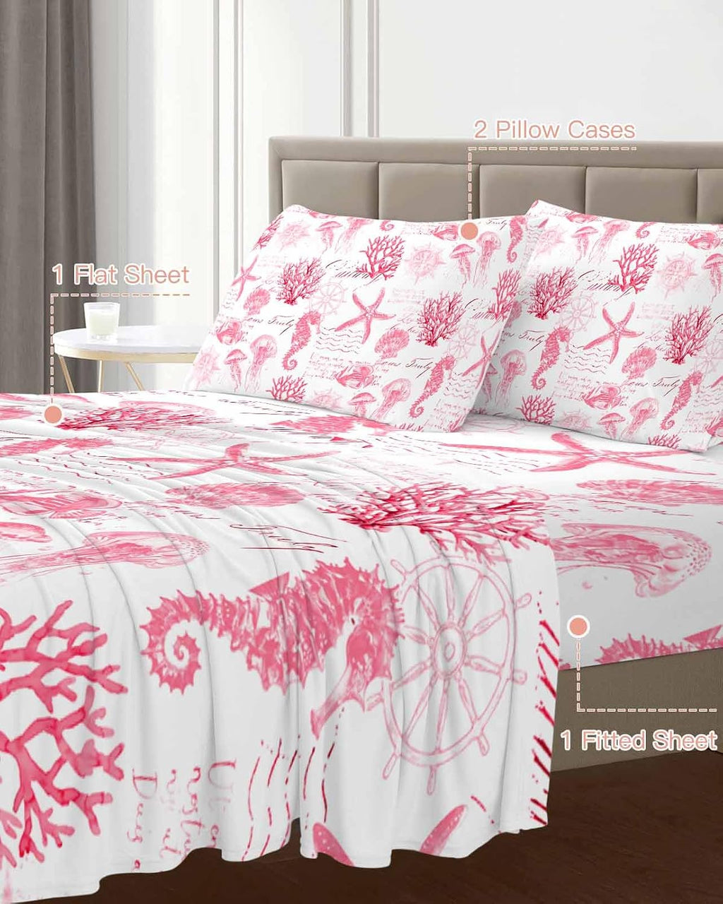 Pink Ocean Coastal Cal King Sheet Set 4 Piece Bedding - Nautical Starfish Jellyfish Coral Breathable Comfy Cooling Bed Sheets & Pillowcase Sets,Hotel Luxury Flat Sheets Deep Pockets Fitted Sheet