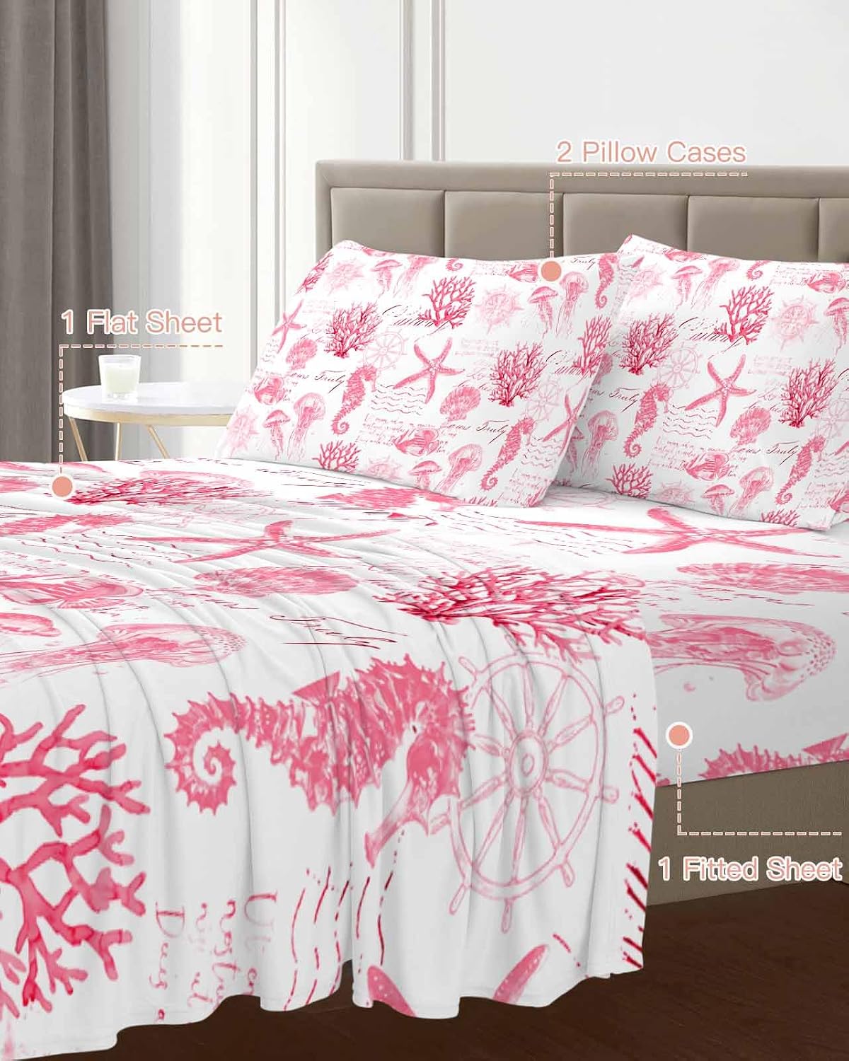 Pink Ocean Coastal Cal King Sheet Set 4 Piece Bedding - Nautical Starfish Jellyfish Coral Breathable Comfy Cooling Bed Sheets & Pillowcase Sets,Hotel Luxury Flat Sheets Deep Pockets Fitted Sheet