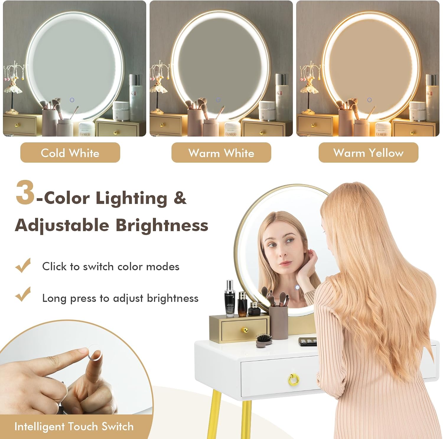 COSTWAY Vanity Table Set with Mirror and Lights, Makeup Dressing Table w/ 3 Color Lighting Modes & Adjustable Brightness, Vanity Mirror with Desk and Cushioned Stool for Women Girls (White & Gold)