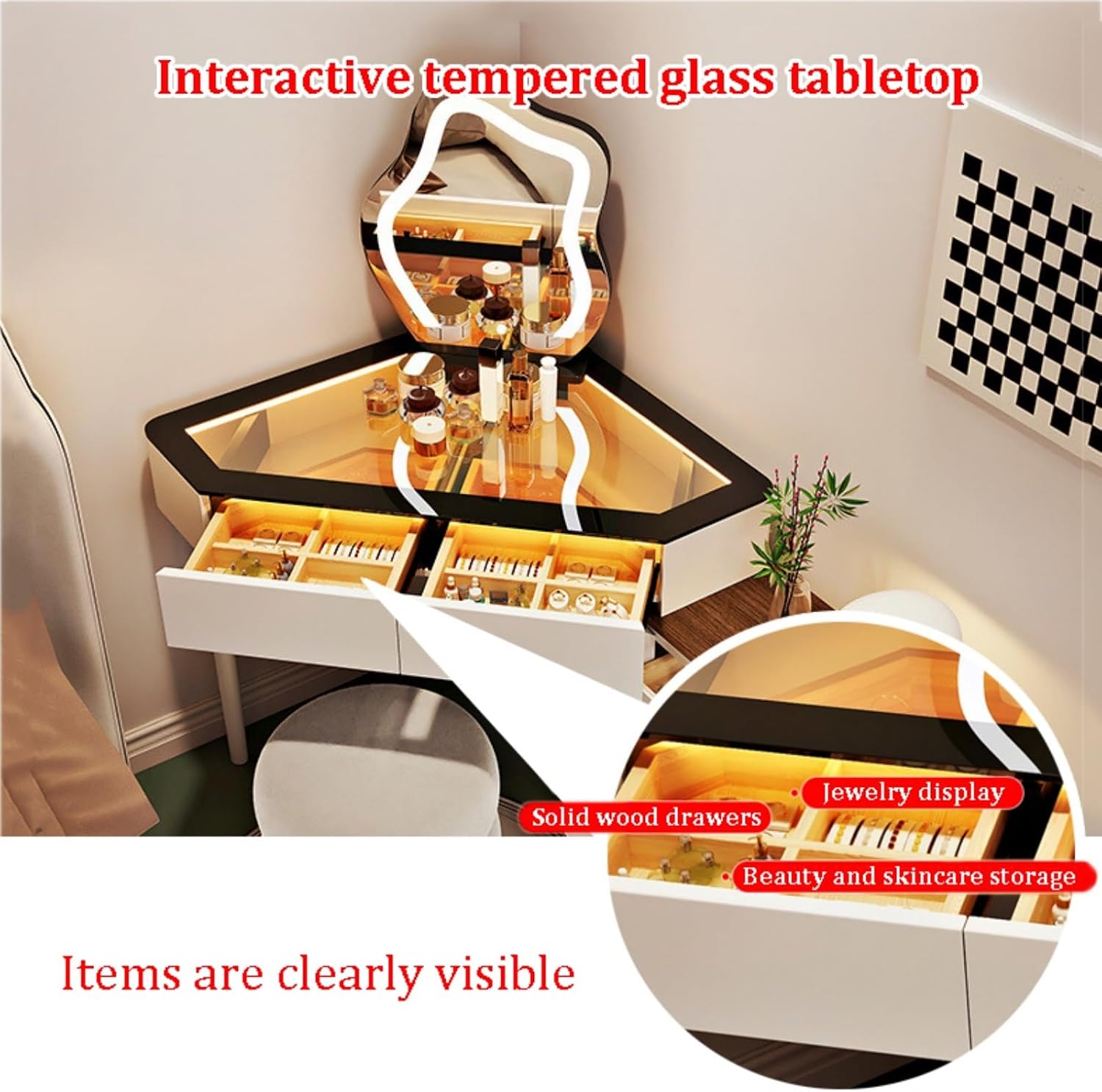 Modern L-Shaped Vanity Table, Makeup Vanity with Drawers & Side Cabinet, Corner Vanities Desk, Dressing Table Set, Jewelry Organizers, Solid Wood Storage Shelves for Bedroom(Black,60cm)