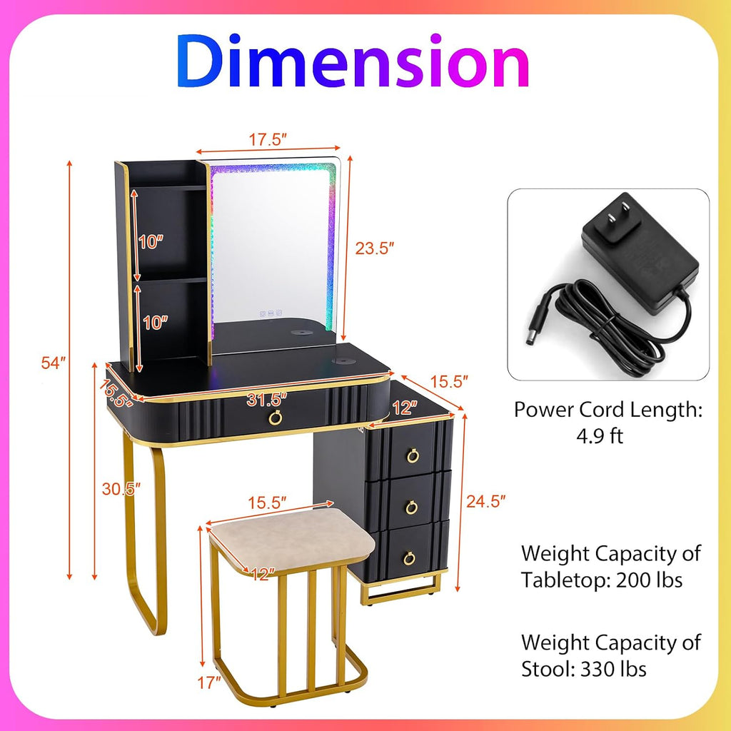 CHARMAID RBG LED Makeup Vanity Table, Colorful Lighted Mirror, 7 Dynamic & 7 Static Modes, 3-Drawer Chest, 3 Shelves, Large Drawer, Girls Vanity Desk Dressing Table with Stool