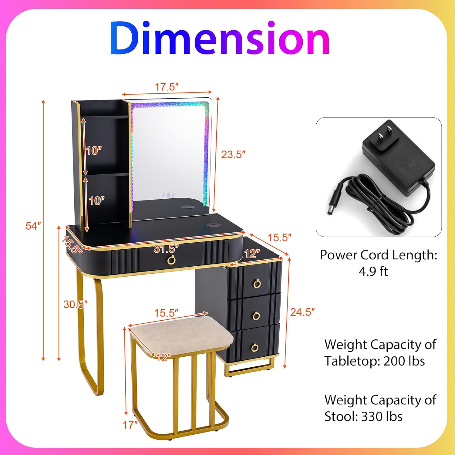 CHARMAID RBG LED Makeup Vanity Table, Colorful Lighted Mirror, 7 Dynamic & 7 Static Modes, 3-Drawer Chest, 3 Shelves, Large Drawer, Girls Vanity Desk Dressing Table with Stool