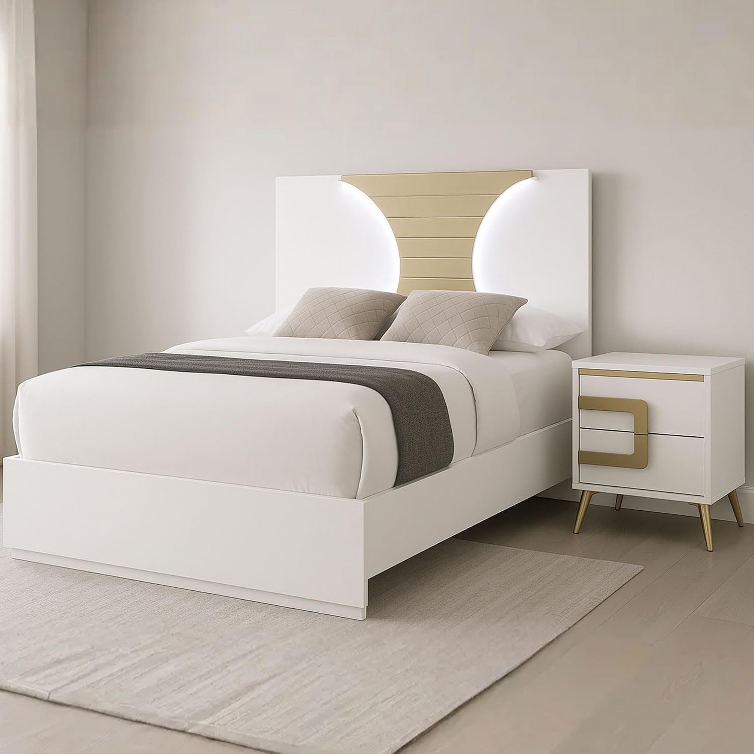 Kings Brand Furniture 2-Piece White/Gold Bedroom Set – Queen Size Wood Bed Frame with Nightstand