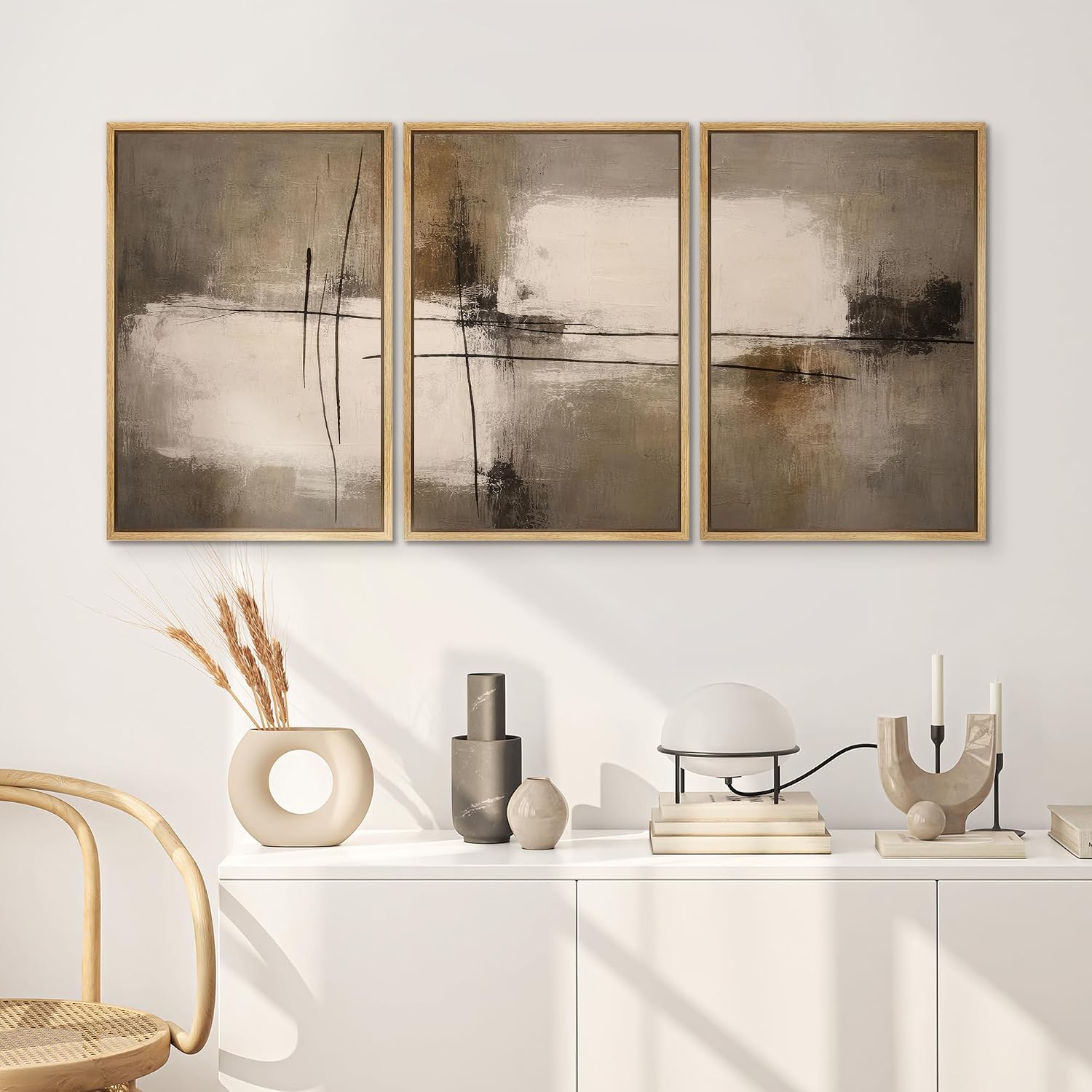 SIGNWIN Framed Canvas Print Wall Art Set Modern Neutral Abstract Lines Minimalist Taupe and Black Geometric Illustrations Modern Art Decorative for Living Room, Bedroom, Office - 16'x24'x3 Natural