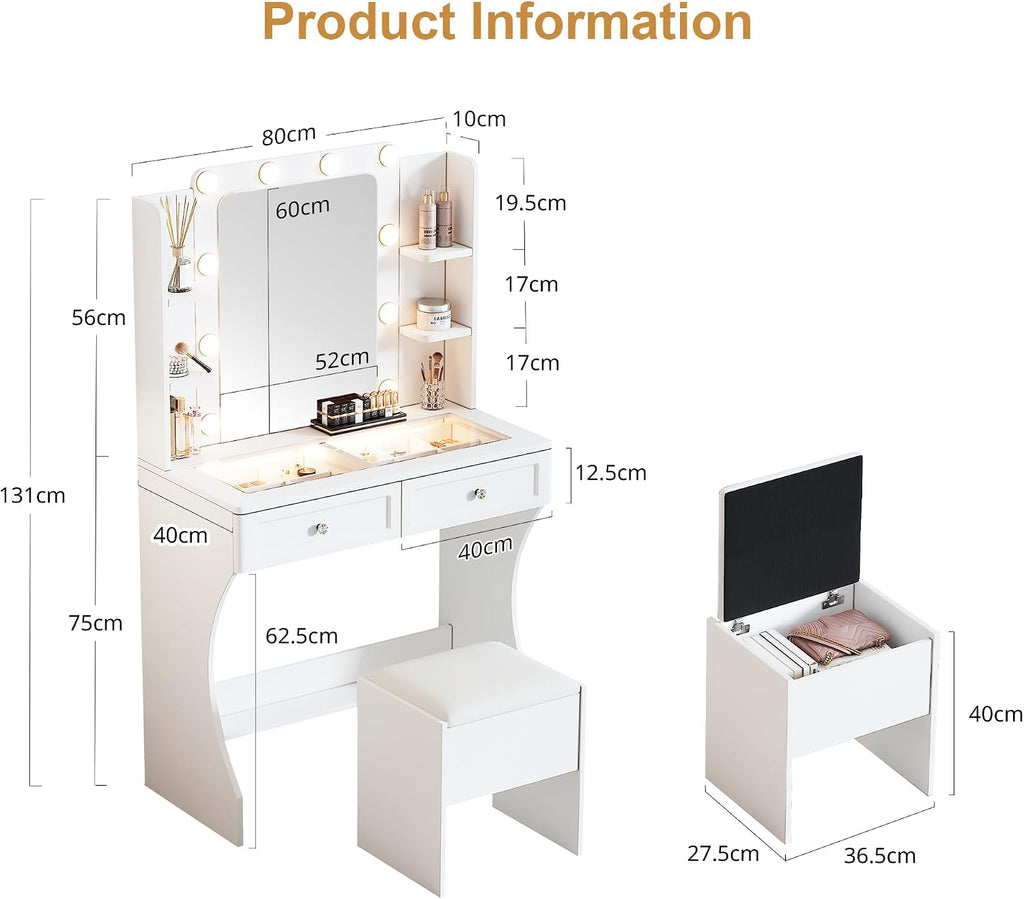 KDCAS Vanity Desk with Mirror and Lights | 31.5' Modern Glass Top Makeup Vanity Set with 2 Drawers & Hidden Storage Stool | Small Space Dressing Table for Bedroom(White)