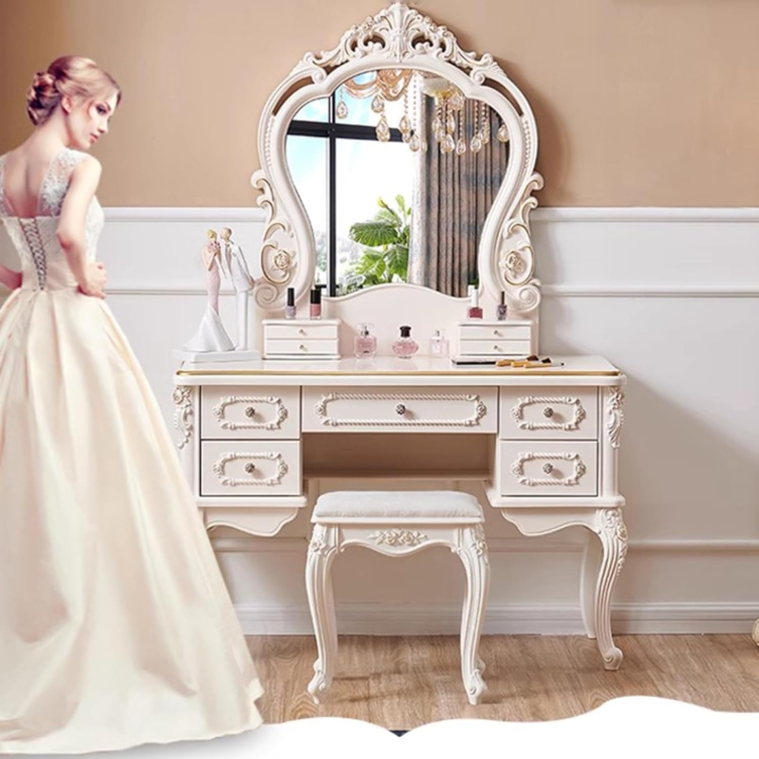 Dressing Table,Vanity Desk with Drawers and Cushioned Stool,Makeup Vanity Table Set with Mirror and Light,European Retro(B)
