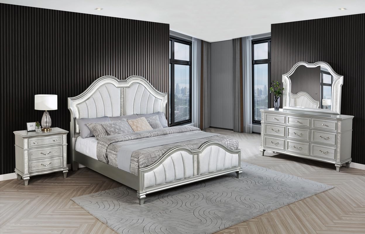 Best Quality Furniture Silver Embossed Wood Bedroom Set with King Panel Bed