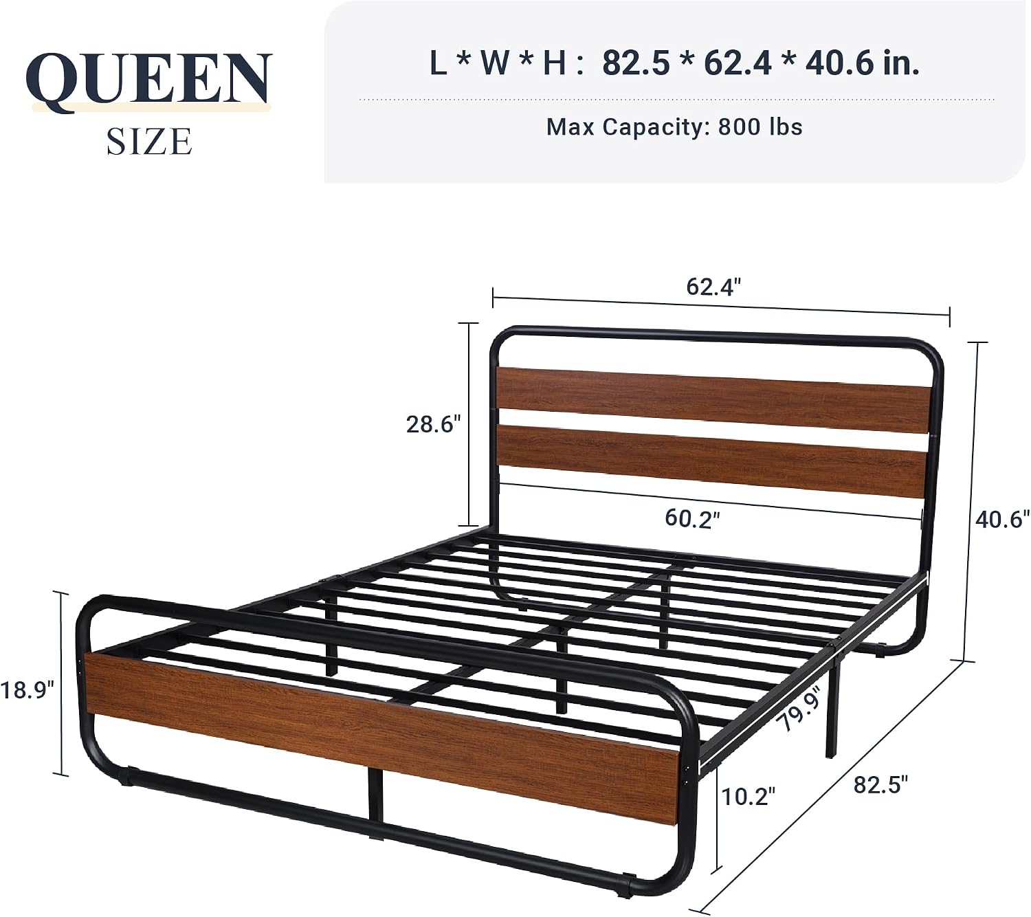 Allewie Queen Size Metal Bed Frame with Curved Wood Headboard and Footboard, Heavy Duty Platform Iron Bed with Under-Bed Storage, Noise Free, No Box Spring Needed, Easy Assembly, Walnut