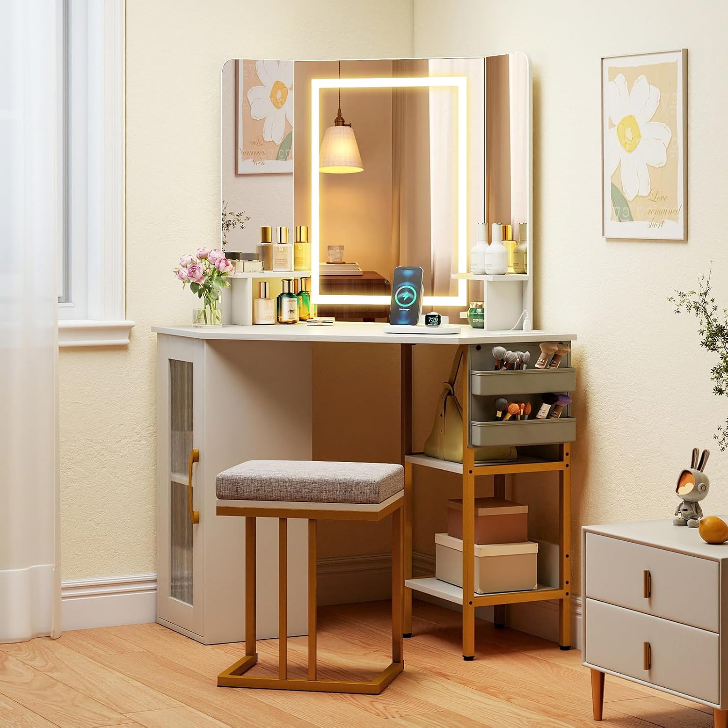 CHARMAID Corner Vanity Desk with Lighted Tri-Fold Mirror, Makeup Table with Charging Station, Fluted Door Cabinet, Storage Shelves, Space Saving Dressing Table with Stool for Bedroom, White & Gold