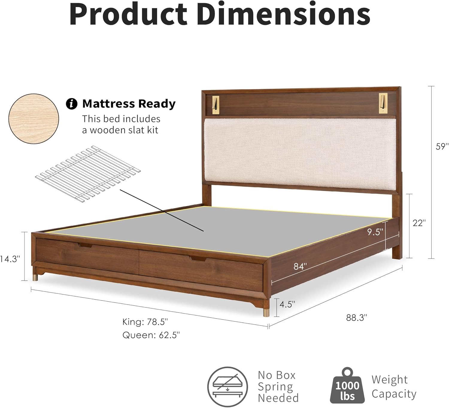 Furniture of America Forma Mid-Century Modern Solid Wood 2-Piece Bedroom Collection, Storage Bed Frame with LED Reading Light and Nightstand with Power Ports, No Box Spring Needed, Walnut, Queen
