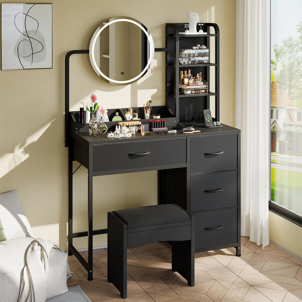 Patikuin Makeup Vanity with LED Mirror & Power Outlet, Small Dressing Table Set with Drawers & Shelves, Vanity Desk for Bedroom Beauty Corner
