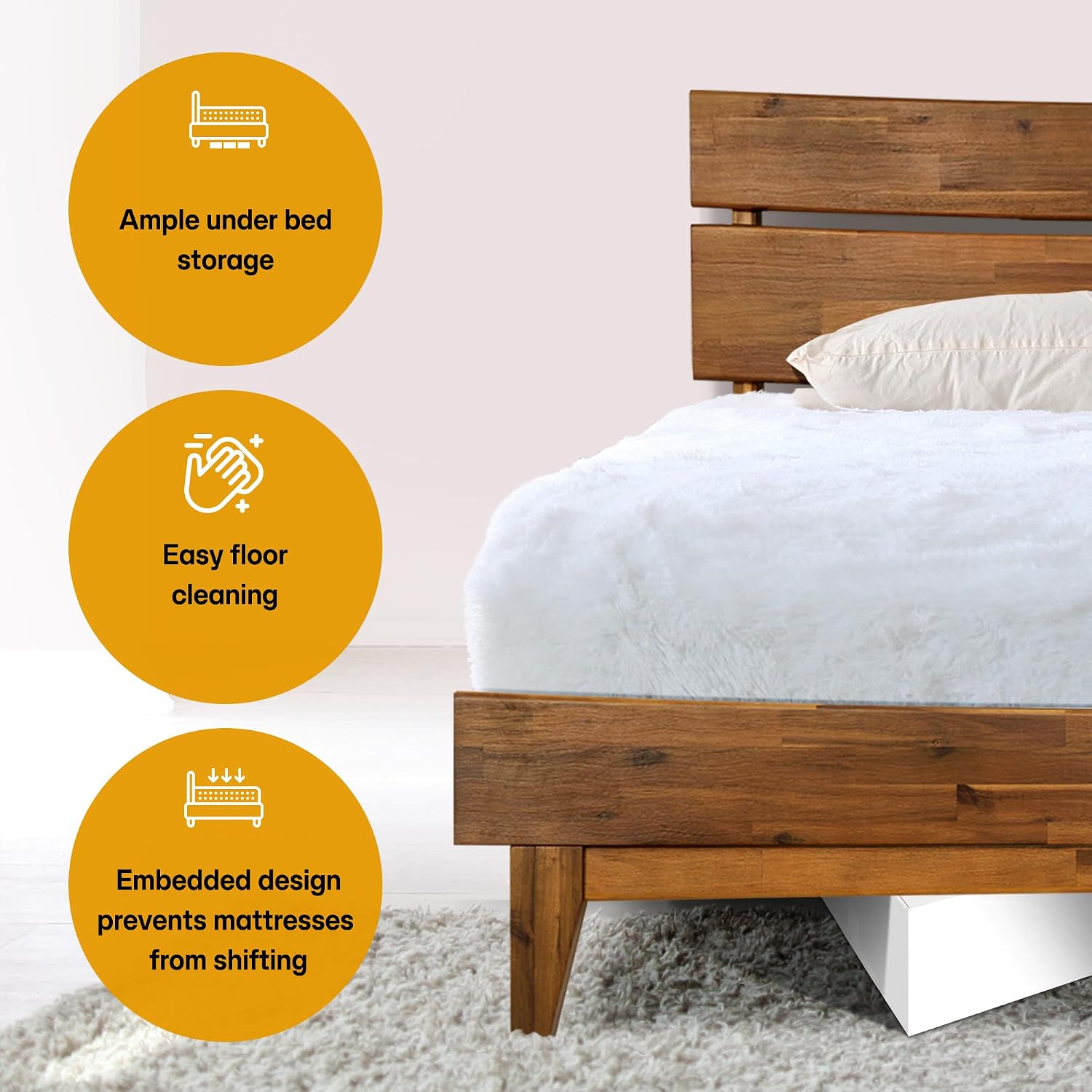Acacia Aurora Bed Frame with Headboard 100% Solid Wood Platform Bed, Scandinavian Bed Style with All Mattresses, Non-Slip and Noise-Free, 30 Mins Assembly, Queen Size Bed Frame Caramel