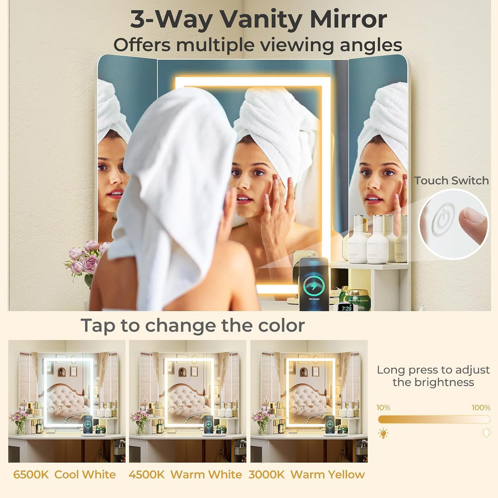 CHARMAID Corner Vanity Desk with Lighted Tri-Fold Mirror, Makeup Table with Charging Station, Fluted Door Cabinet, Storage Shelves, Space Saving Dressing Table with Stool for Bedroom, White & Gold