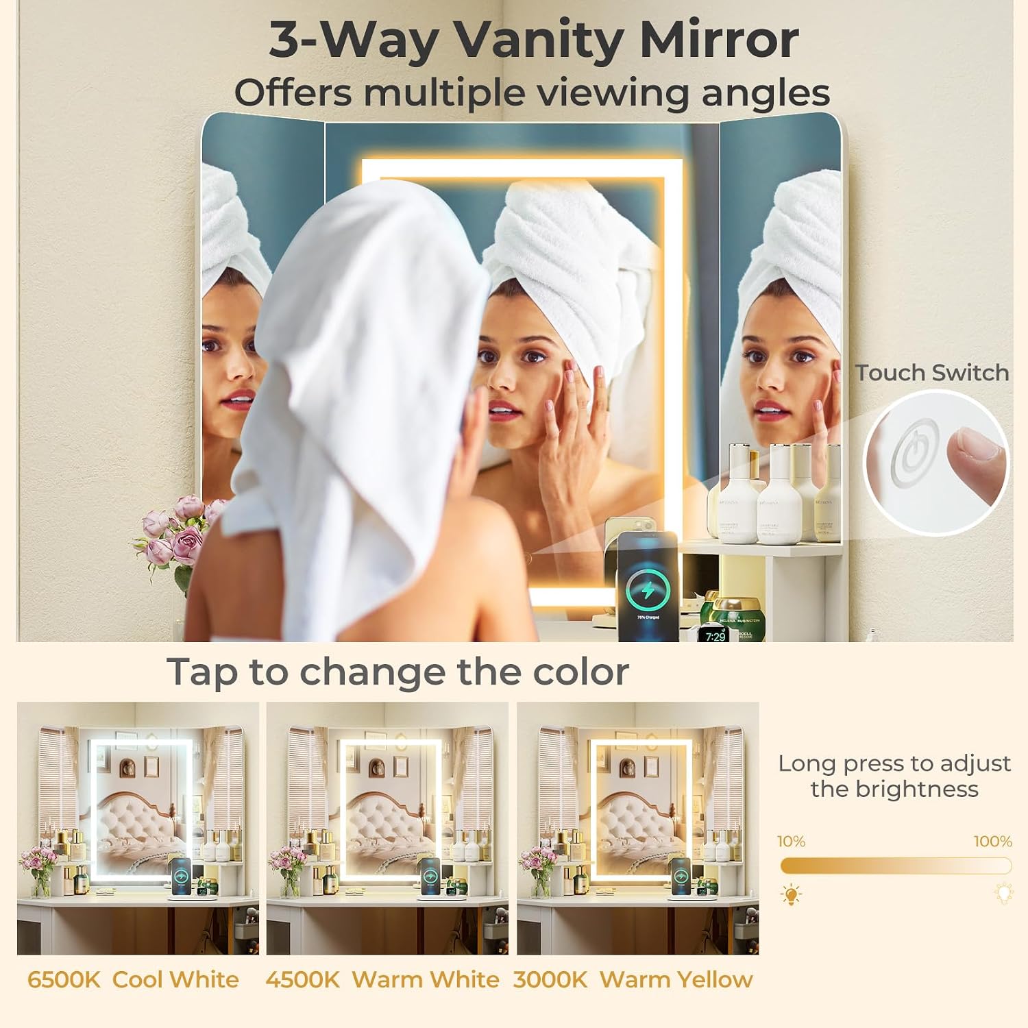 CHARMAID Corner Vanity Desk with Lighted Tri-Fold Mirror, Makeup Table with Charging Station, Fluted Door Cabinet, Storage Shelves, Space Saving Dressing Table with Stool for Bedroom, White & Gold