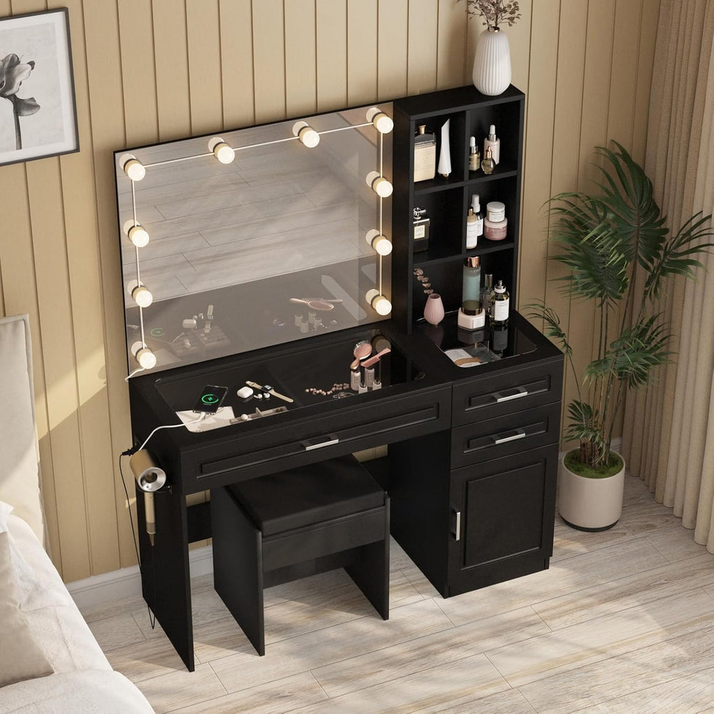 Fameill Vanity Desk with Lighted Mirror & Power Strip,Large Vanity Table with Glass top and Lots Storage,3 Drawer Makeup Desk with Hair Dryer Stand,3 Lighting Modes,Black