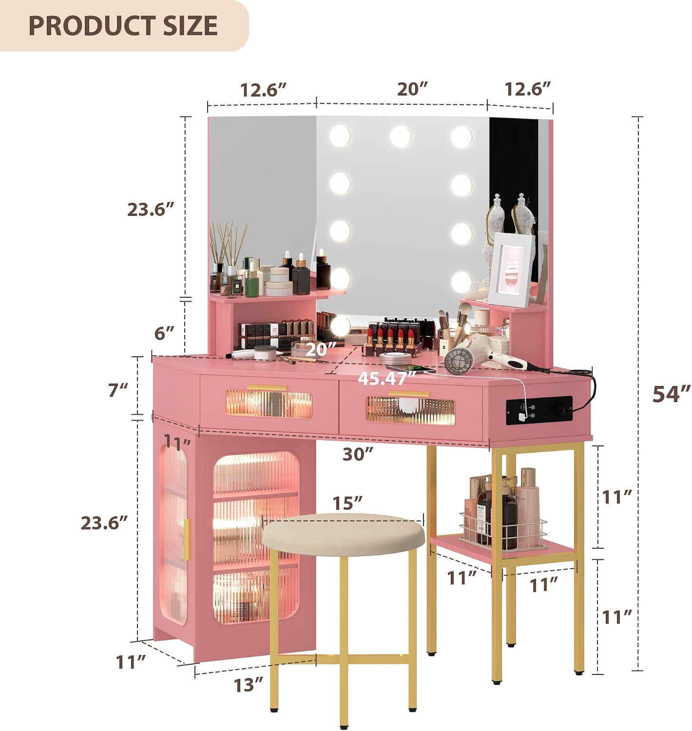 Lareth Corner Vanity Desk with 3 Way Mirror and Lights, Modern Makeup Vanity with Charging Station, Stool, 45.5' Large Bedroom Dressing Table with 2 Drawers & Shelves, Gifts for Girls Women, Pink