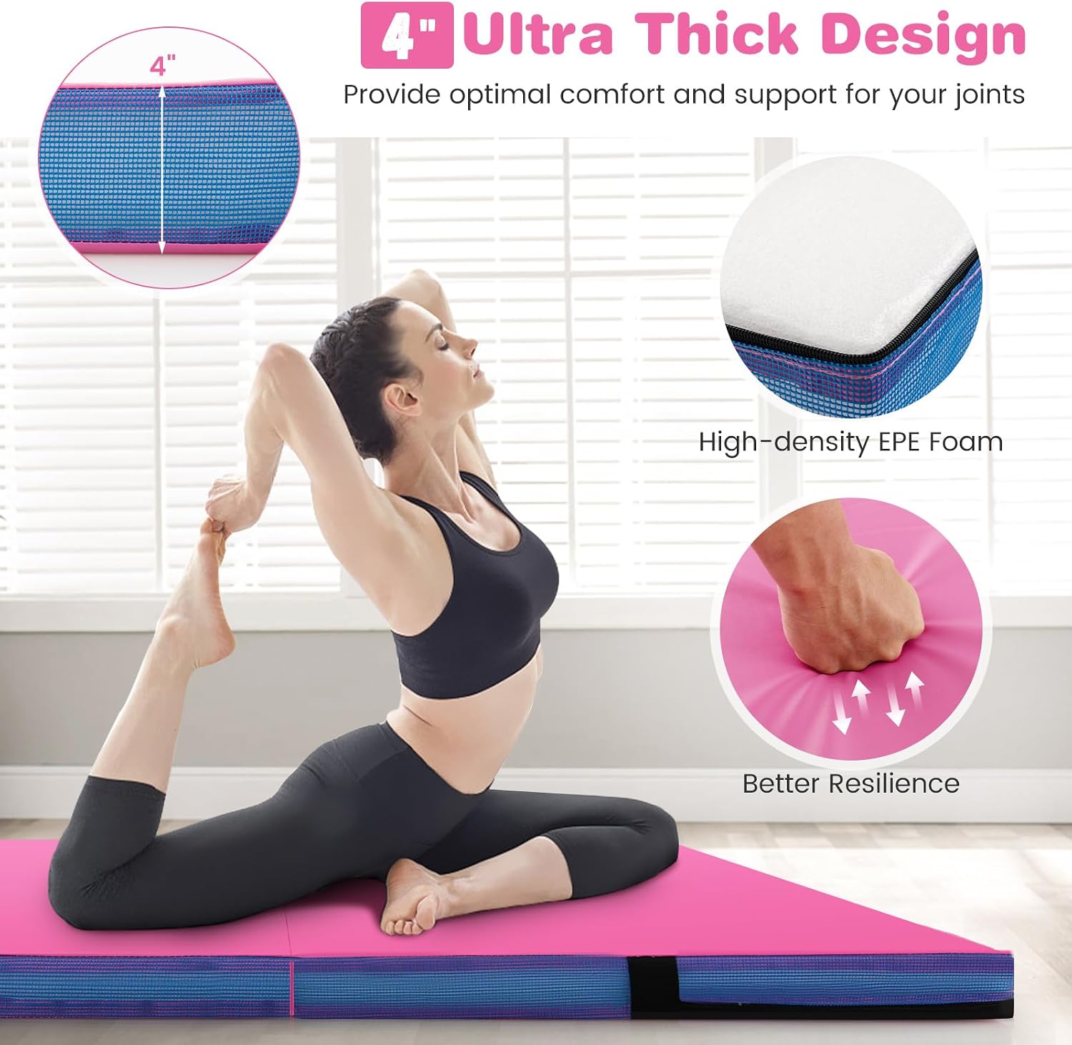 Goplus 4' Thick Folding Gymnastic Mat, Thickened Bi-Fold Fitness Mat with Carrying Handles & PU Leather Cover, Home Gym Tumbling Mat for Stretching, Pilates, Aerobics Workouts