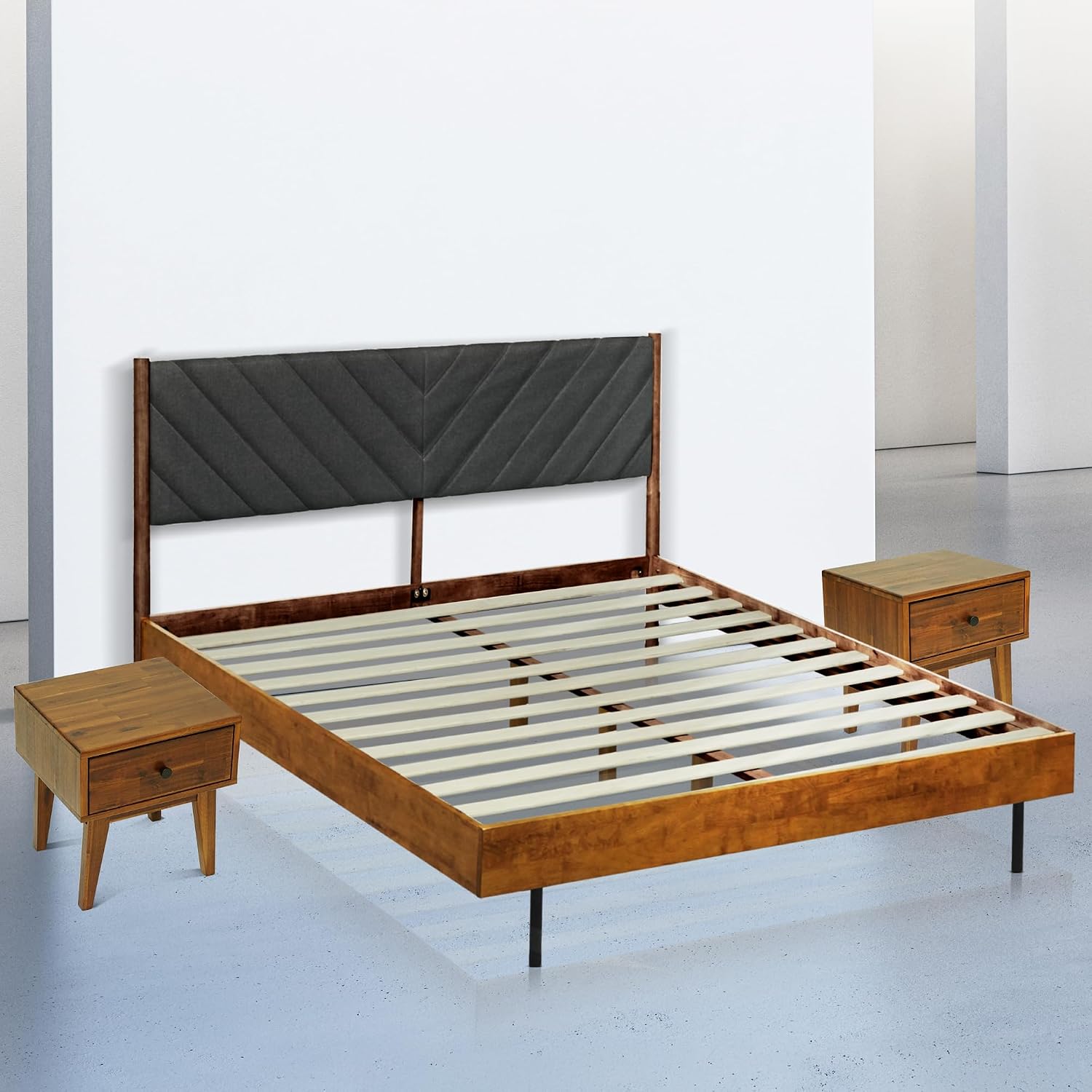 Acacia Bedroom Set - 3 Pieces Astoria Modern Platform Bed Frame with Upholstered Headboard and 2 Sofia Nightstands Set, Solid Wood Finish, King Size Beds with Nightstand with Drawer, Caramel