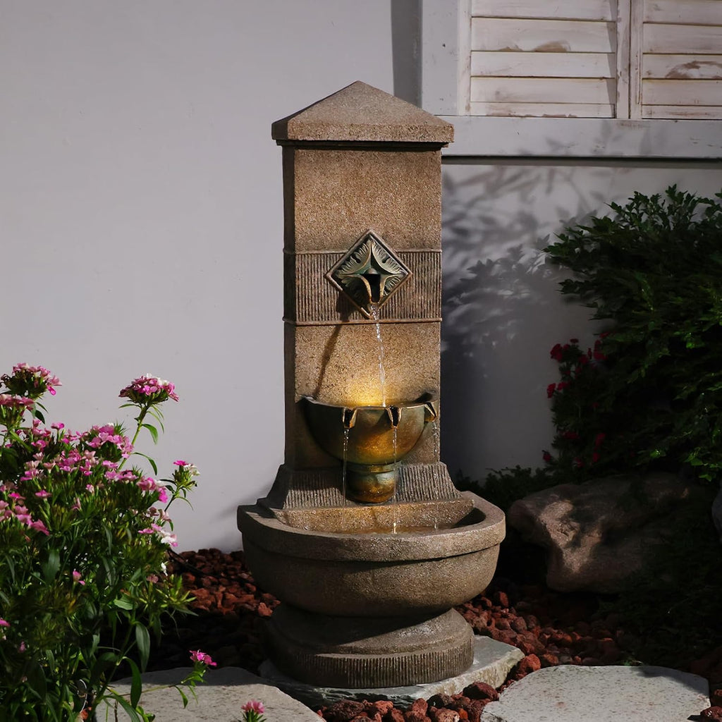 Bumilgar Outdoor Wall Fountain with LED Lights, 39.96' H Freestanding Garden Water Fountain, Large Floor Standing Patio Waterfall Feature, European Resin Flat Back Yard Courtyard Porch Décor
