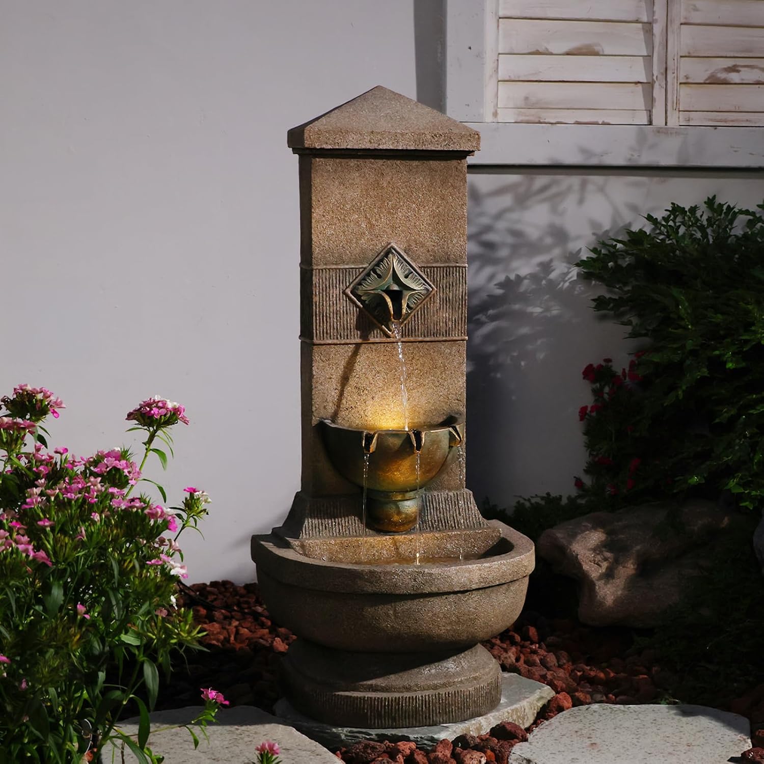 Bumilgar Outdoor Wall Fountain with LED Lights, 39.96' H Freestanding Garden Water Fountain, Large Floor Standing Patio Waterfall Feature, European Resin Flat Back Yard Courtyard Porch Décor