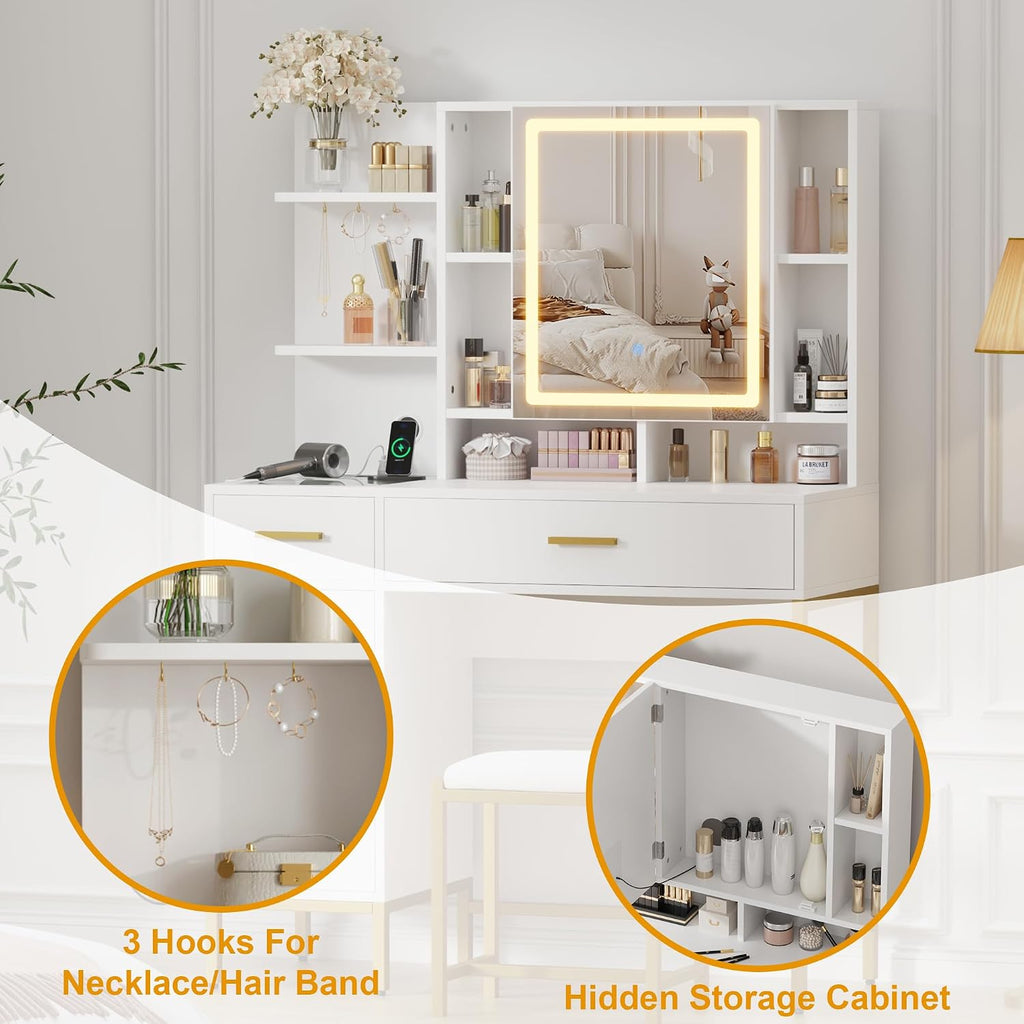 IDEALHOUSE Vanity Desk with Mirror and Lights, 42.5' Makeup Vanity Set with Stool, Makeup Table with Mirror Cabinet and Chair, Drawers & Shelves, Dressing Table with Outlet for Bedroom, White