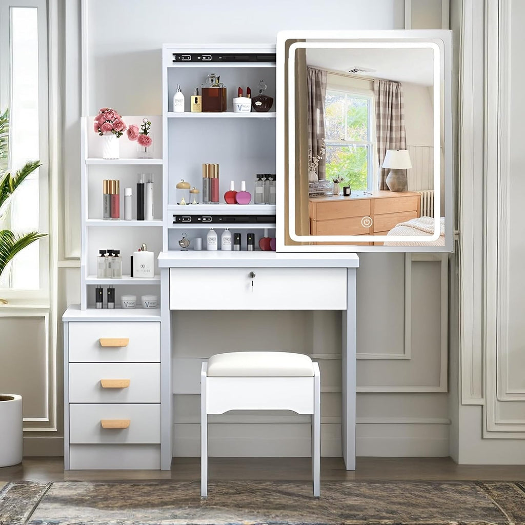 Makeup Vanity Desk with Mirror and Lights, Vanity Table Set with Storage Drawer & Chair & 3 Shelves, 3 Lighting Colors, Adjustable Brightness White Makeup Vanity with Lights (Medium)