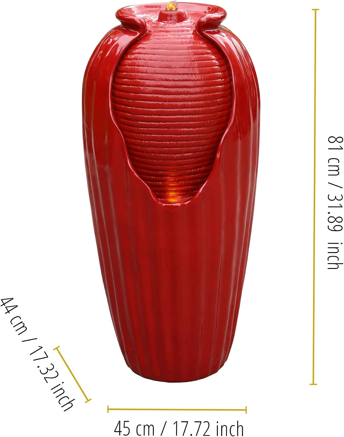 Teamson Home Glazed Vase Floor Freestanding Water Fountain with LED Lights and Pump for Outdoor Patio Backyard Deck Plant Garden Décor, 32 Inch Height, Red