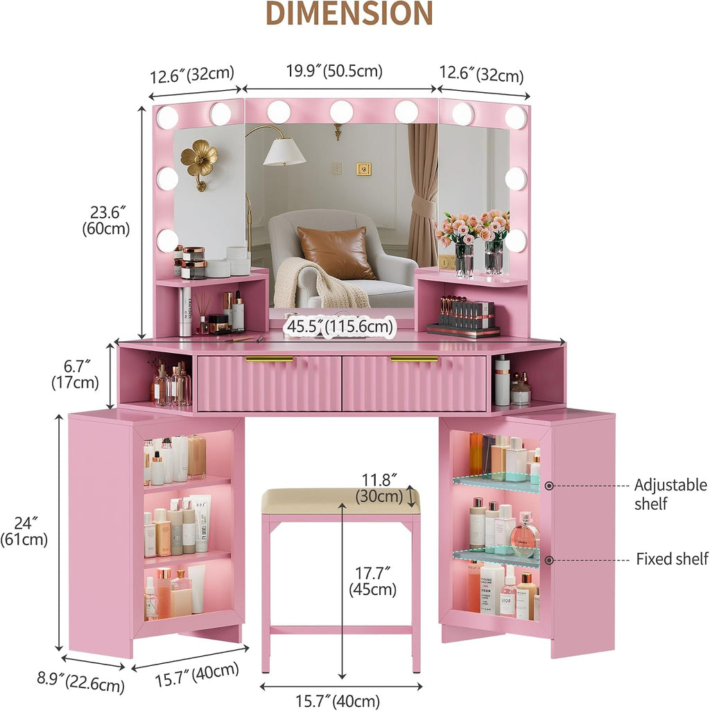 Vanity Desk with LED Lights Mirror & Power Outlet – Corner Design, Makeup Vanity Table Set with Storage Drawers & Chair, 3 Lighting Modes for Living Room/Bedroom, Ideal for Gift (Pink)