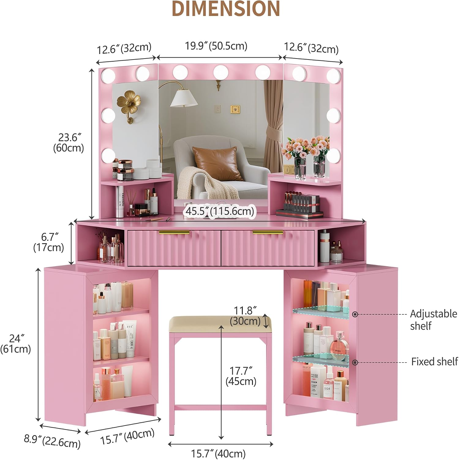 Vanity Desk with LED Lights Mirror & Power Outlet – Corner Design, Makeup Vanity Table Set with Storage Drawers & Chair, 3 Lighting Modes for Living Room/Bedroom, Ideal for Gift (Pink)