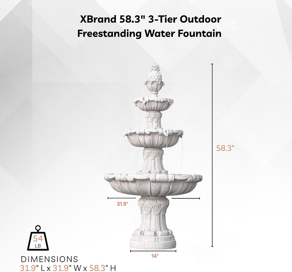 XBrand 58.3' 3-Tier Outdoor Freestanding Water Fountain - Classic Leaf Design, White Resin, Large Bird Bath with Pump - Ideal for Yard, Lawn and Garden, Porch Décor