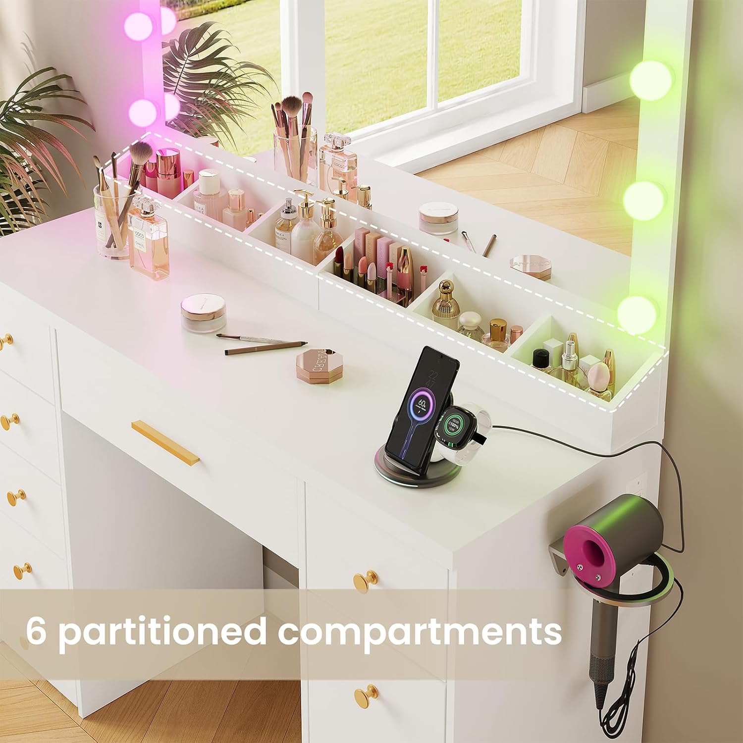 LAKEMID White Vanity Desk with Mirror and Lights, Makeup Vanity Table with Outlet and 8 Drawers,Makeup Table with 20 Color RGB Led Lights,Dressing Table for Bedroom Women